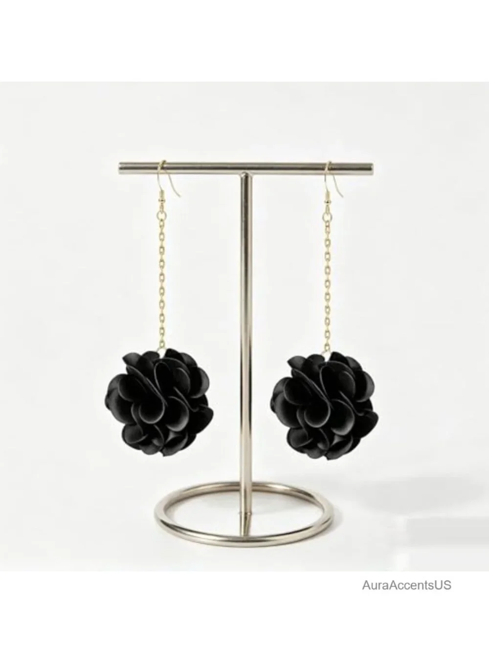 Matte Black Fabric Peony Long Drop Earrings Gold Chain